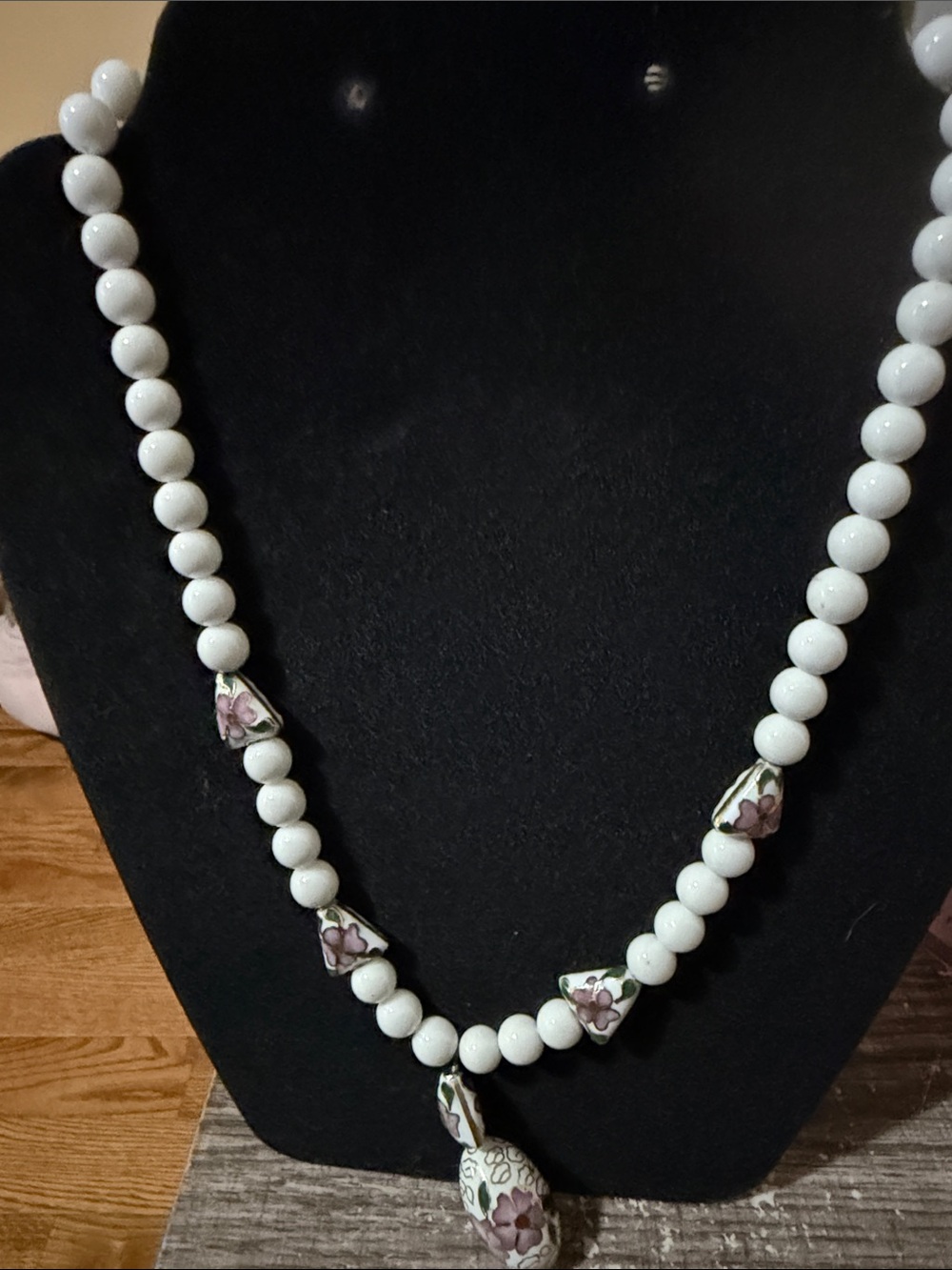 Intricate Artisan Cloisonné White Bead Necklace with Floral Porcelain Accents.
